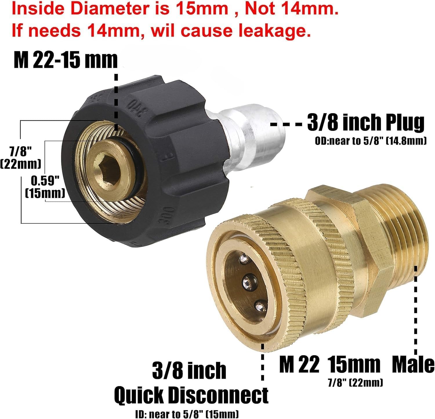 Tool Daily Pressure Washer Adapter Set, Quick Connect Kit, Metric M22 15mm Female to M22 Male Fitting, 5000 PSI - Image 6