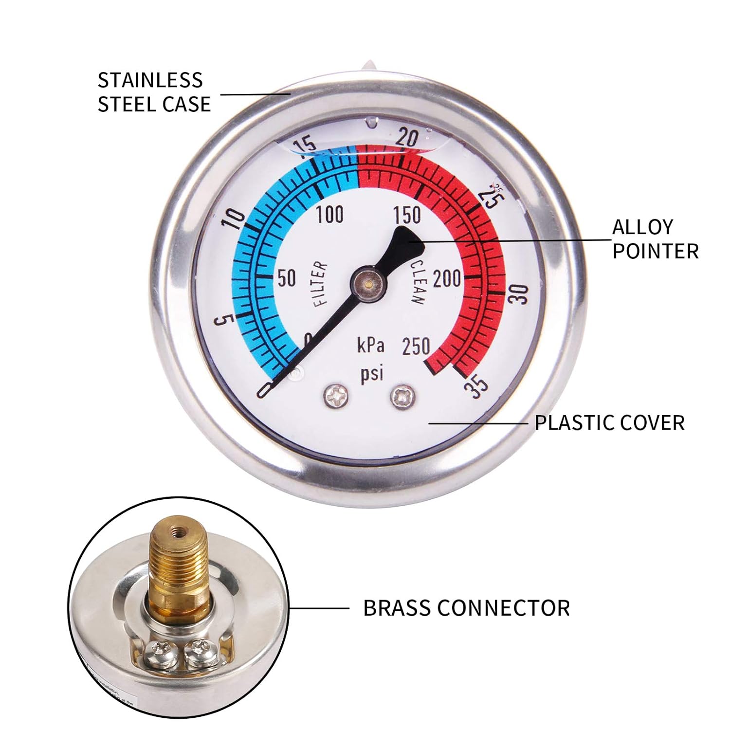2" Dial Pool Filter Pressure Gauge, Glycerine Filled Pressure Gauge, Water Pressure Gauge, 304 Stainless Steel Case,1/4" NPT Center Back Mount - Image 4