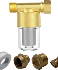 40 Micron Brass Inline Spin Down Sediment Water Filter for Washer, Washing Machine, Shower, Well Water, with 3-4 GHT +1-2 NPT Adapter + 3-4 GHT Female Garden Hose Faucet Nozzle Connector (Brass) - 1