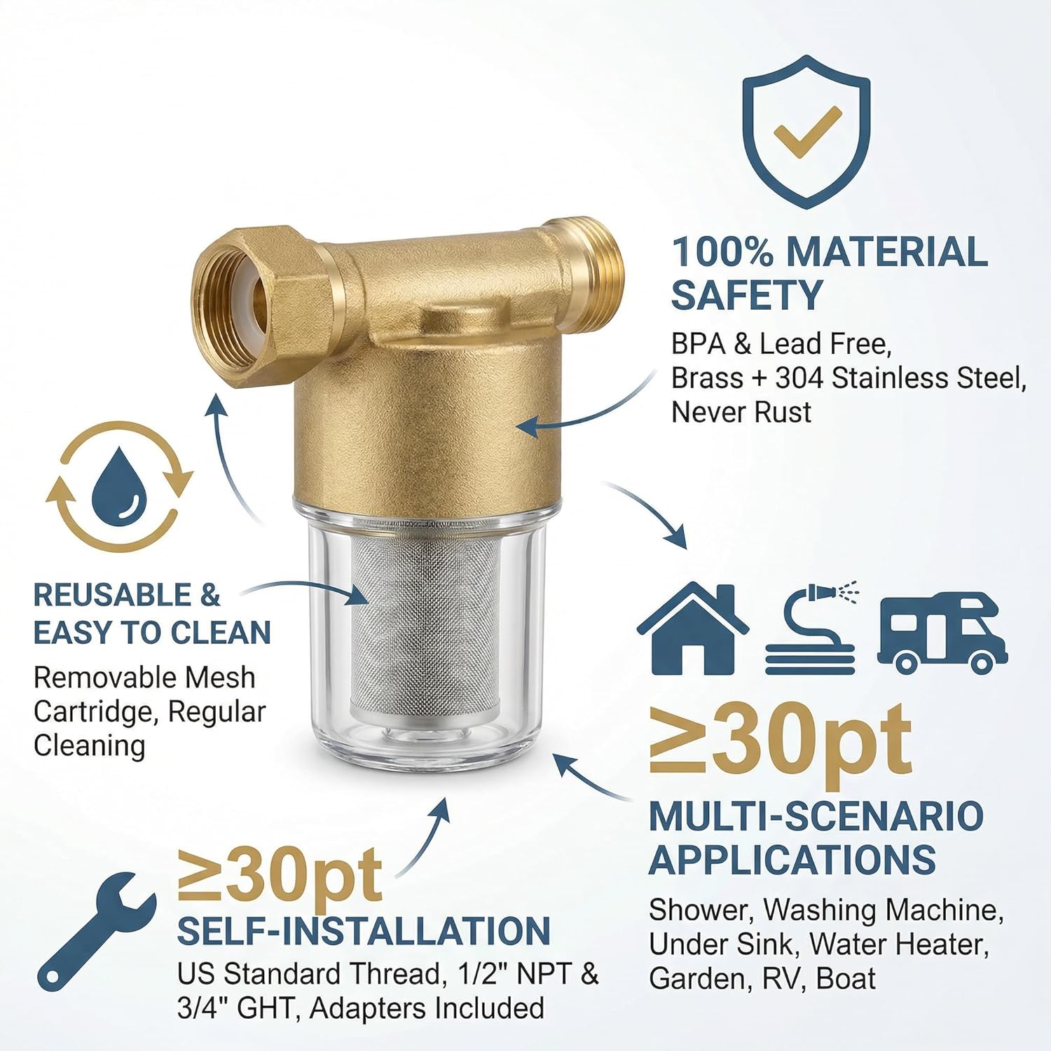 40 Micron Brass Inline Spin Down Sediment Water Filter for Washer, Washing Machine, Shower, Well Water, with 3/4" GHT +1/2" NPT Adapter + 3/4" GHT Female Garden Hose Faucet Nozzle Connector (Brass) - Image 8