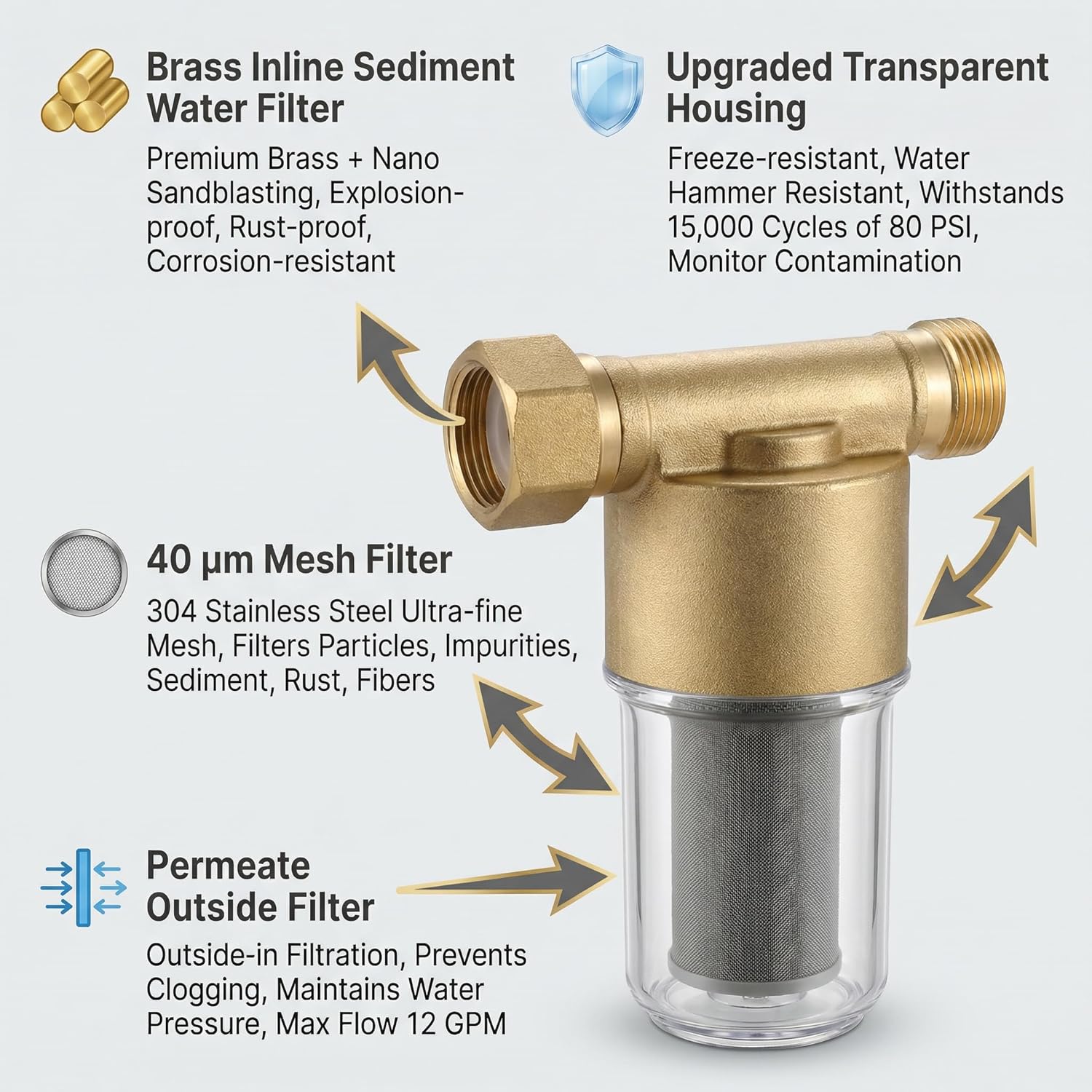 40 Micron Brass Inline Spin Down Sediment Water Filter for Washer, Washing Machine, Shower, Well Water, with 3/4" GHT +1/2" NPT Adapter + 3/4" GHT Female Garden Hose Faucet Nozzle Connector (Brass) - Image 7