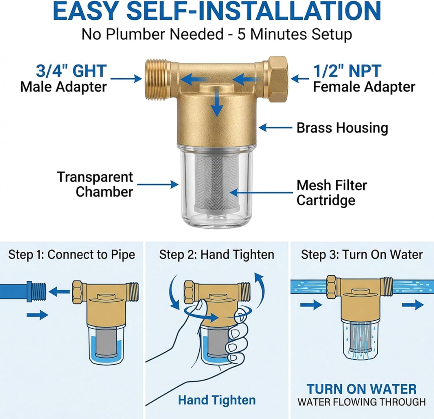 40 Micron Brass Inline Spin Down Sediment Water Filter for Washer, Washing Machine, Shower, Well Water, with 3/4" GHT +1/2" NPT Adapter + 3/4" GHT Female Garden Hose Faucet Nozzle Connector (Brass) - Image 6