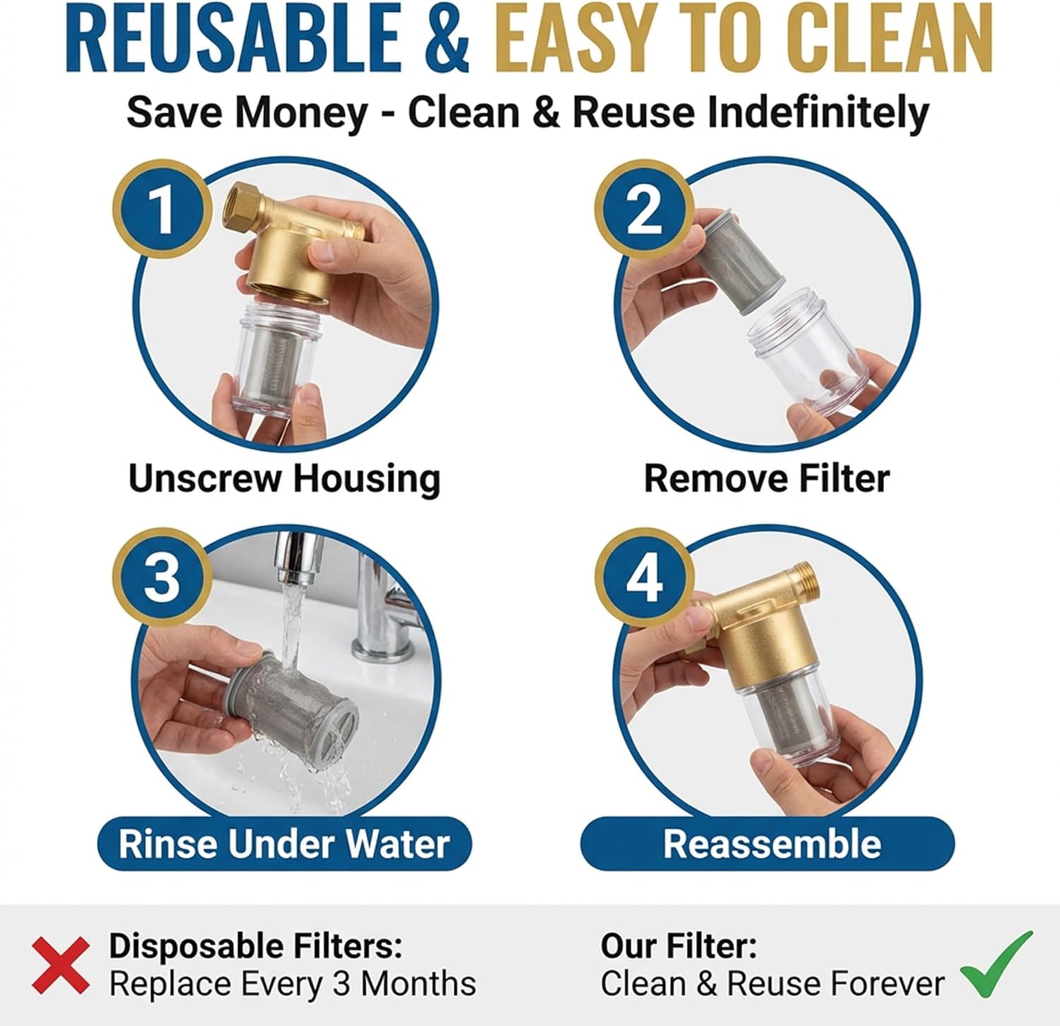40 Micron Brass Inline Spin Down Sediment Water Filter for Washer, Washing Machine, Shower, Well Water, with 3/4" GHT +1/2" NPT Adapter + 3/4" GHT Female Garden Hose Faucet Nozzle Connector (Brass) - Image 5