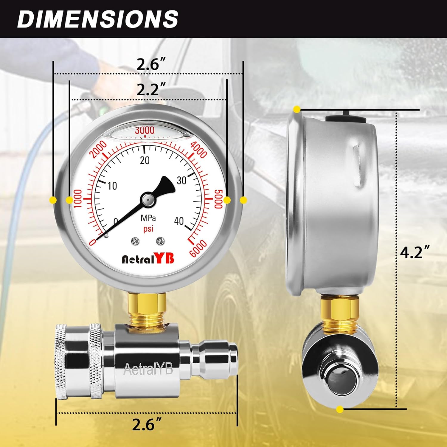 6000PSI Washer Pressure Gauge,3/8" Push-to-Connection Quick Connection,Stainless Steel Housing, Mpa and Psi Dual Scale, for Pressure Washer - Image 5