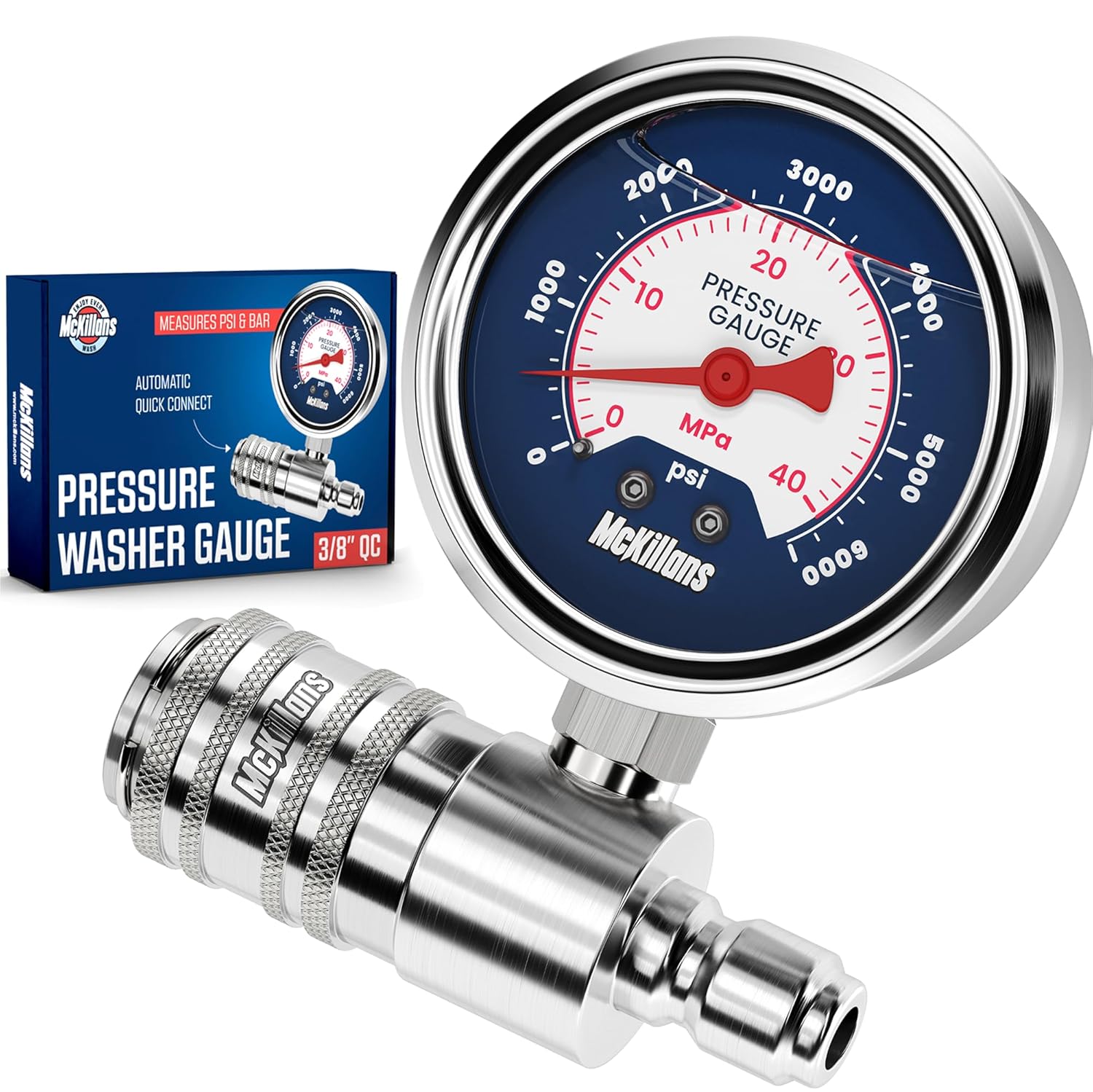 McKillans® High Pressure Washer Gauge - Push-to-Connect 3-8 Automatic Quick Connect - Stainless Steel - up to 6000 PSI - Measure Both PSI and MPa - Power Washer Pressure Gauge - 1