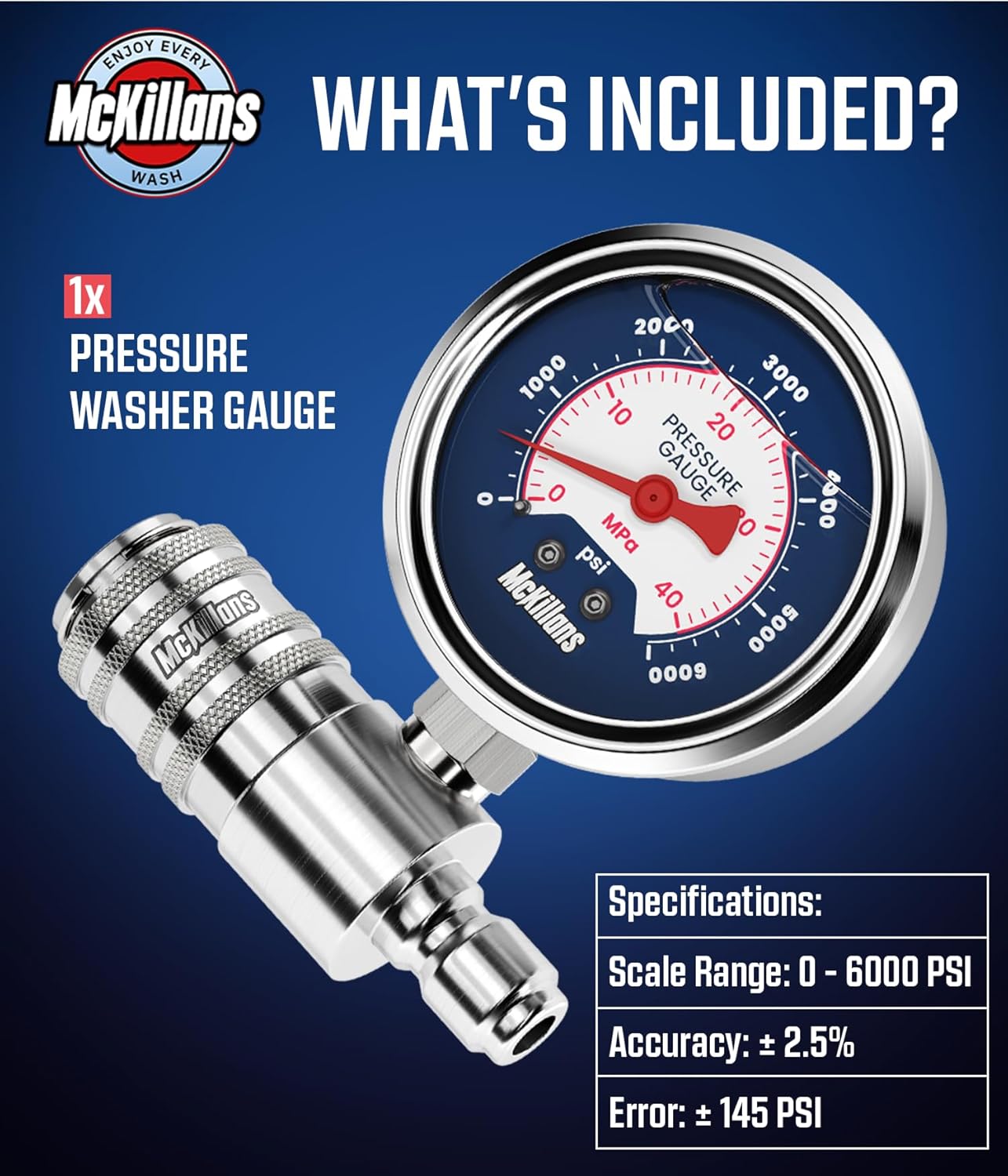 McKillans® High Pressure Washer Gauge - Push-to-Connect 3/8" Automatic Quick Connect - Stainless Steel - up to 6000 PSI - Measure Both PSI and MPa - Power Washer Pressure Gauge - Image 5