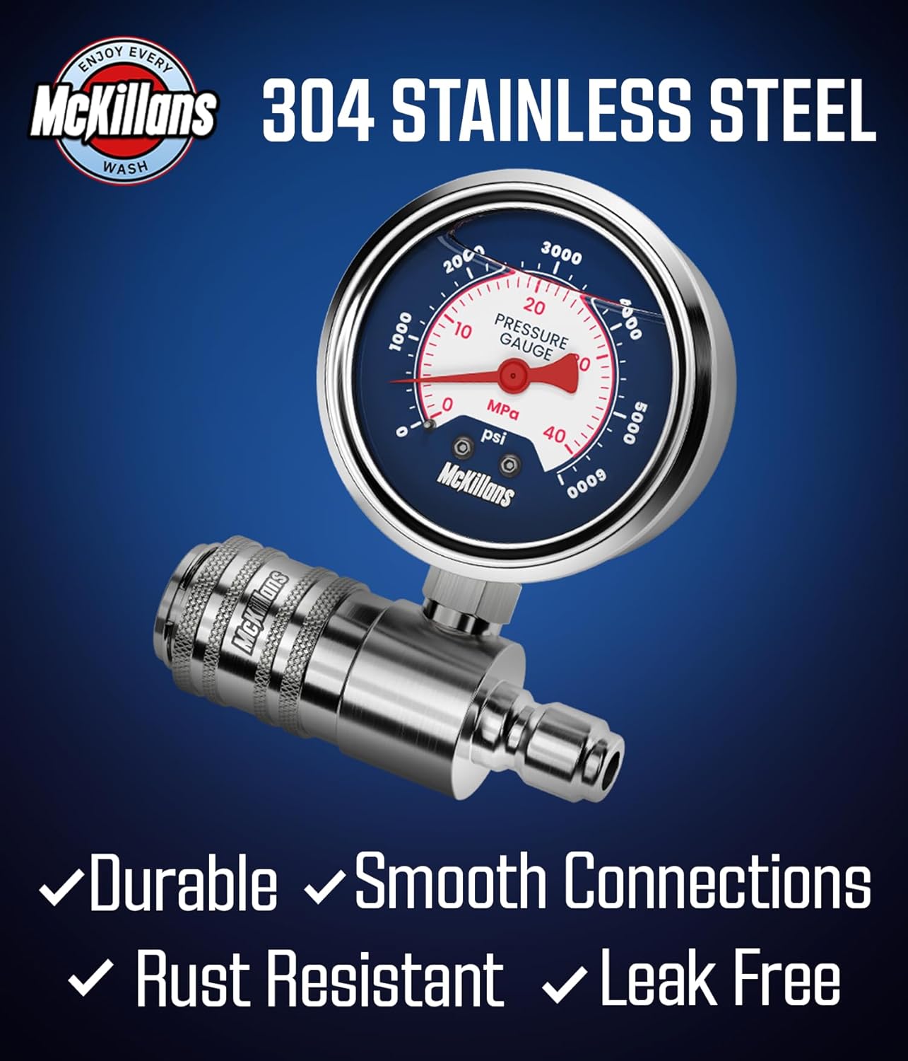 McKillans® High Pressure Washer Gauge - Push-to-Connect 3/8" Automatic Quick Connect - Stainless Steel - up to 6000 PSI - Measure Both PSI and MPa - Power Washer Pressure Gauge - Image 3